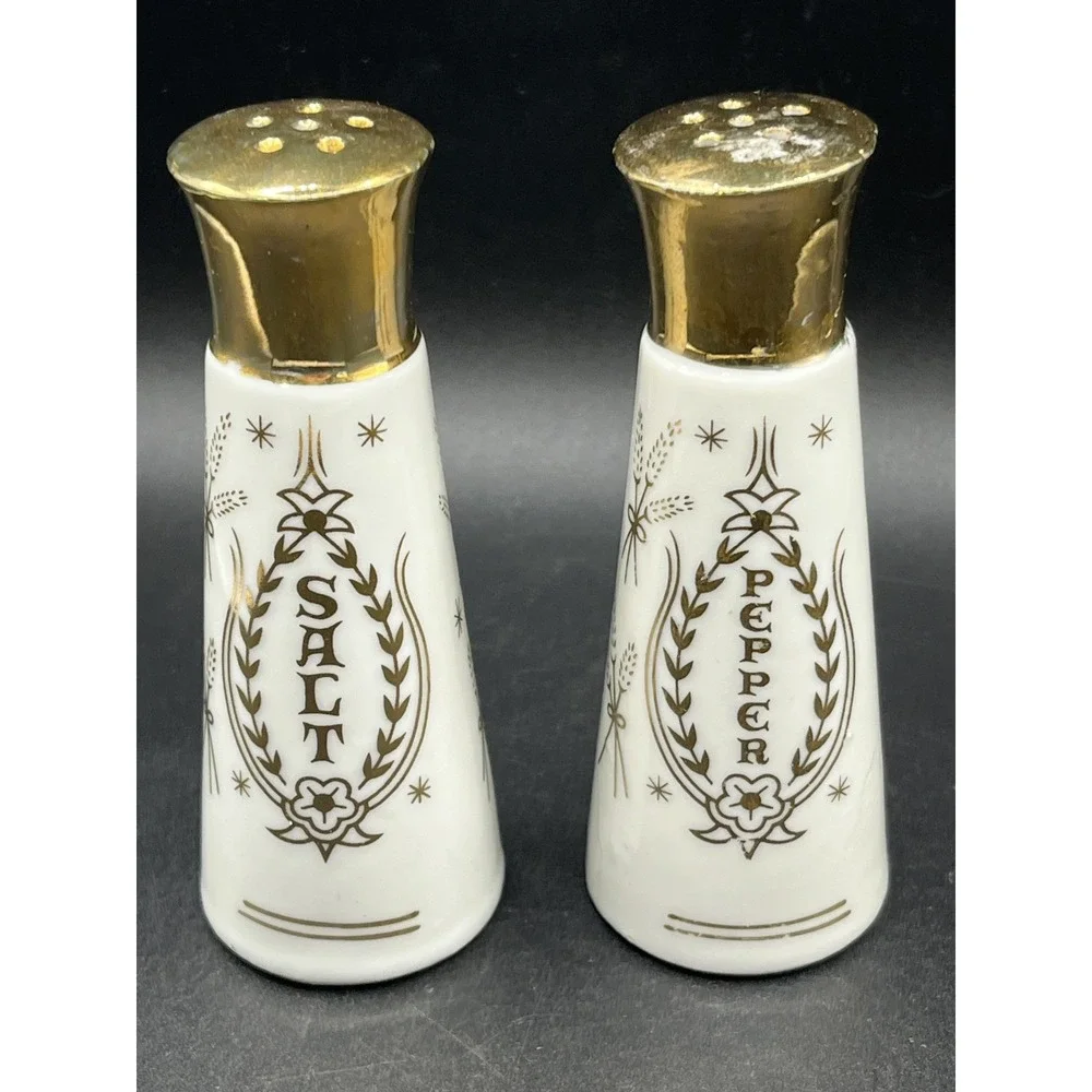Vtg Blessing Grace Prayer White Gold Ceramic Salt‎ & Pepper Shakers 4